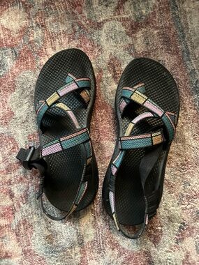 Chaco Black Sandals with Teal, Pink, and Yellow Strap Accents